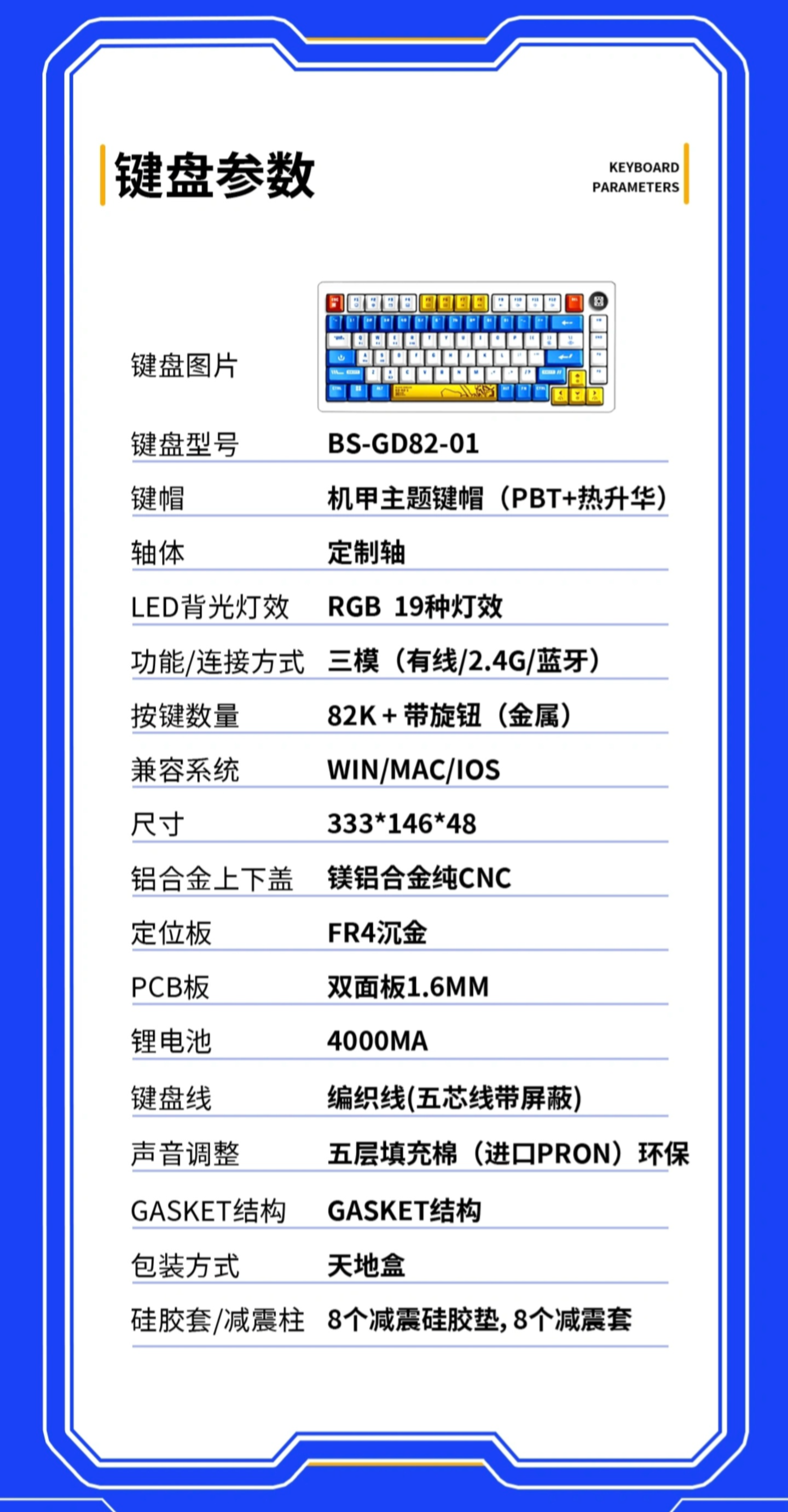 黑鲨精选推出黑纹章 GD82 定制机甲主题三模机械键盘：自定义键盘轴体，待机时间 360 小时，首发 1599 元
